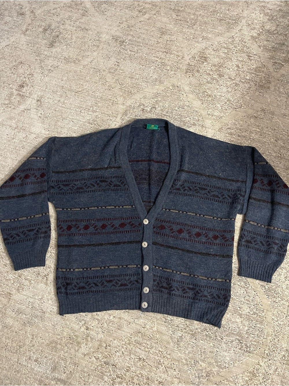 CANDA vintage Blue Patterned Button-Up Cardigan with Maroon Accents
